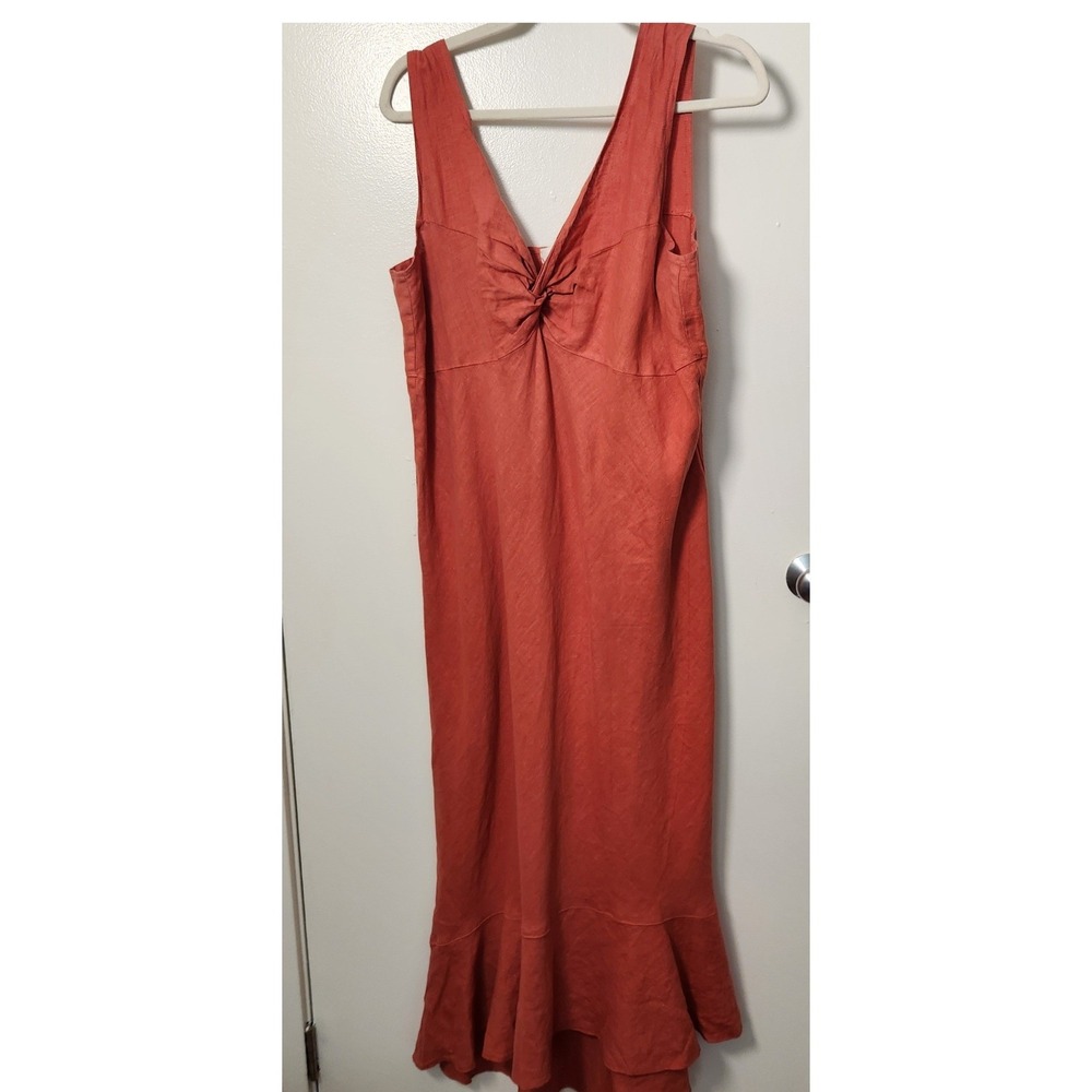 Cut‎ Loose Linen Sleeveless Midi Dress M Twist Front V-Neck Ruffle Asymmetrical